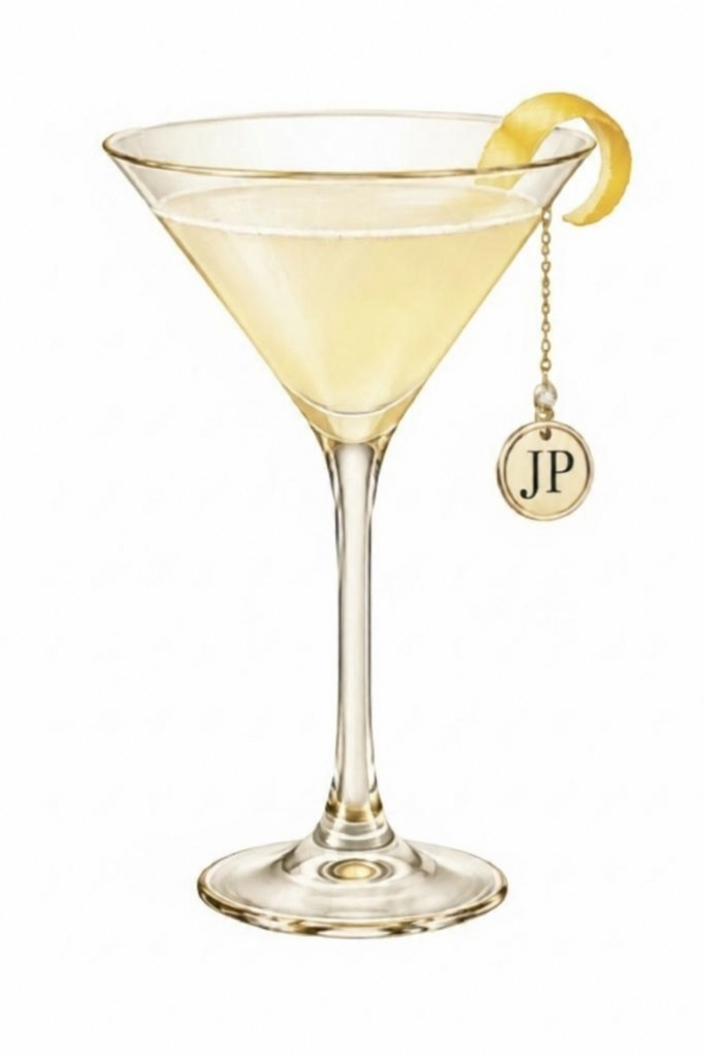 Poor Decision Lemon Drop martini with a lemon twist and gold JP charm